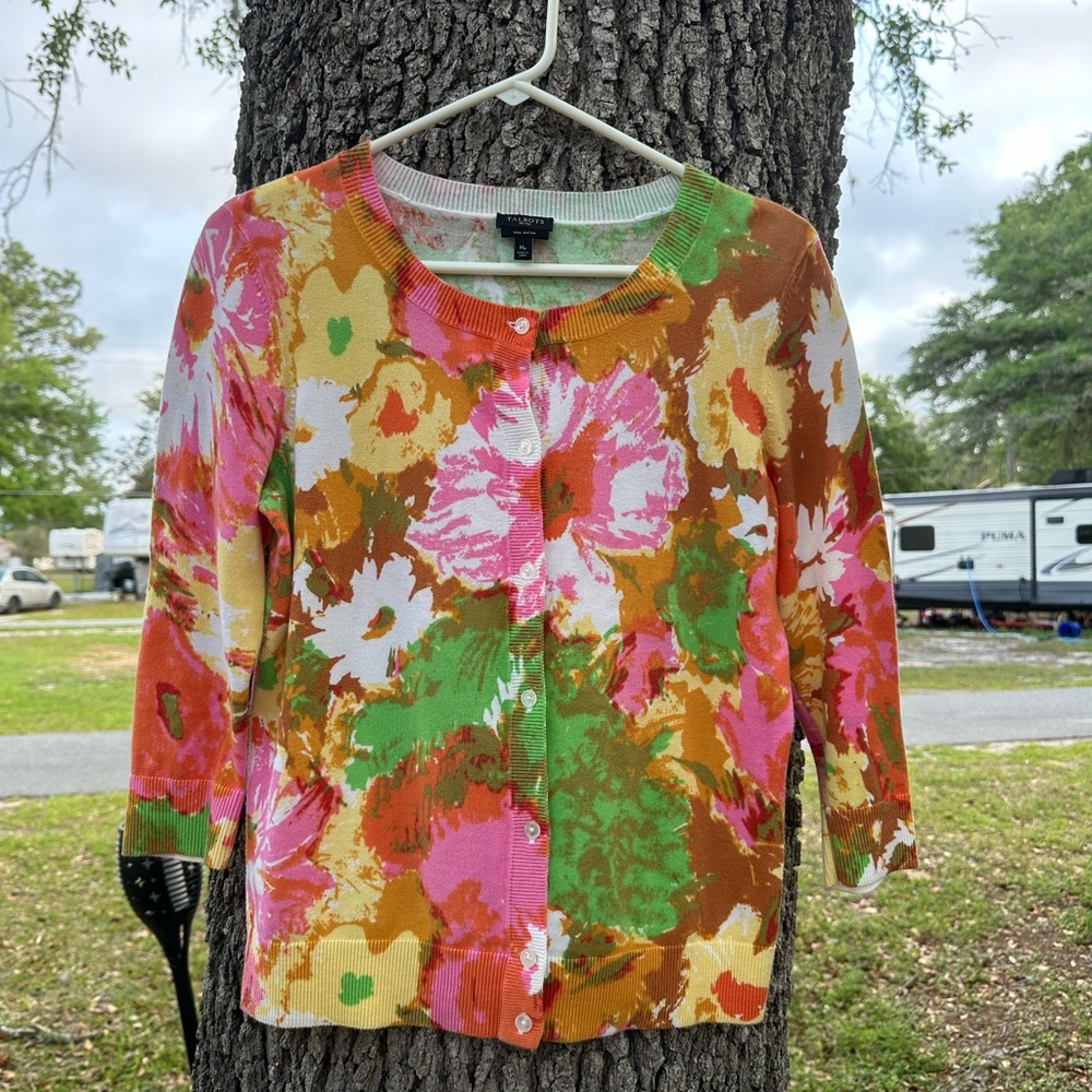 100% Pima Cotton‎ Watercolor Cardigan Size M Petite Floral Colorful 3/4 Sleeve